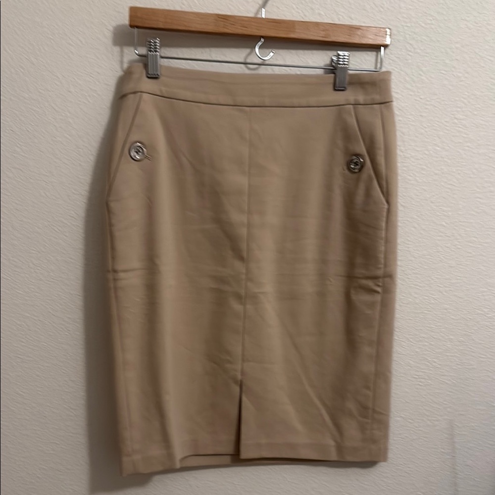 Tan Knee-Length Pencil Skirt with Slit